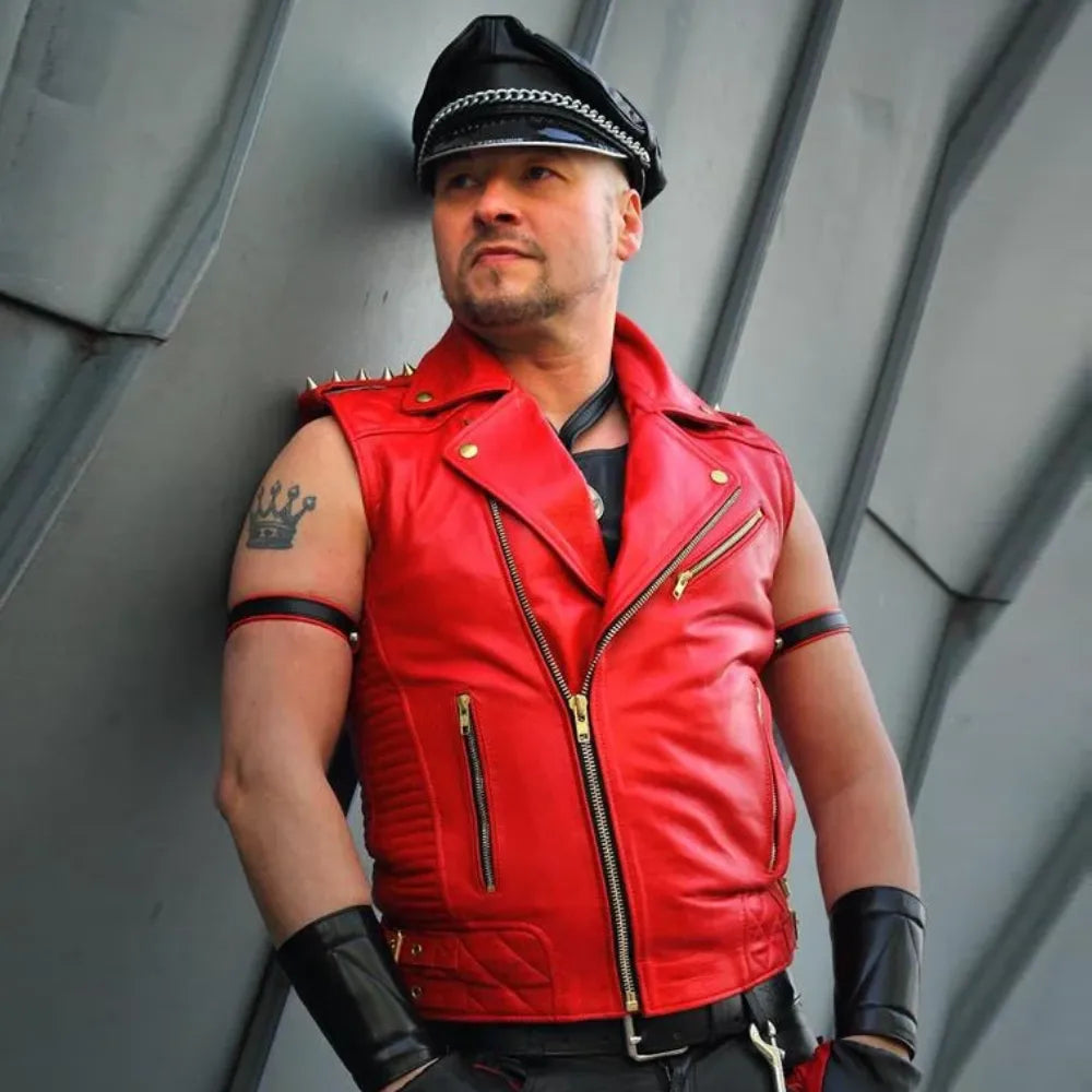 Mens Red Cow Leather Biker Vest