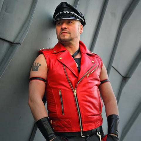Mens Red Cow Leather Biker Vest