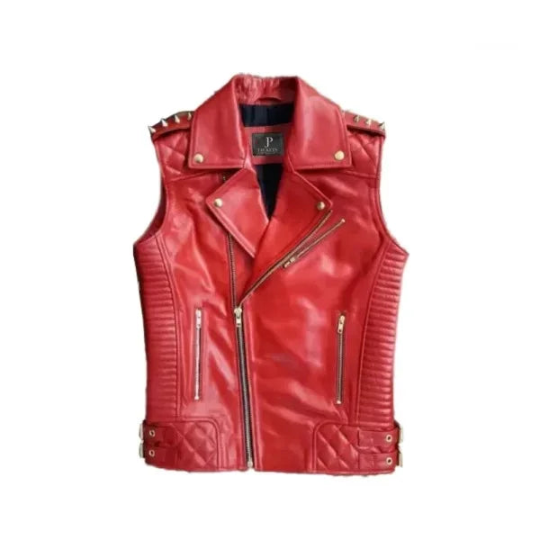 Mens Red Cow Leather Biker Vest