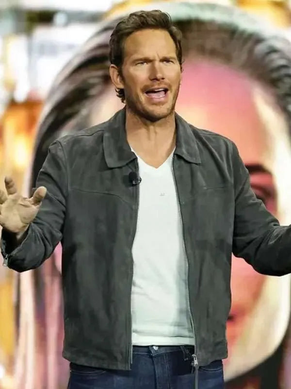 Chris Pratt Mercy 2026 Grey Suede Leather Jacket
