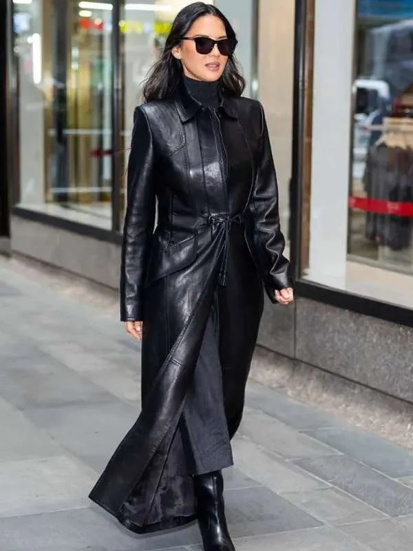 Olivia Munn Midtown NYC 2025 Black Leather Coat
