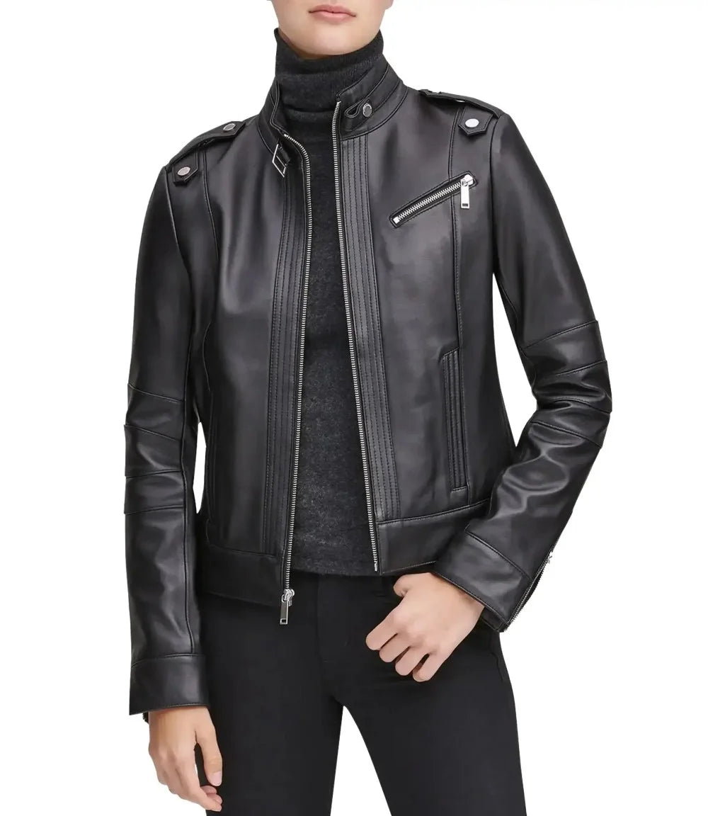 Women's Black Leather Motorcycle Jacket