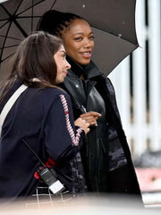 Naomi Ackie Clay face 2026 Black Leather Jacket