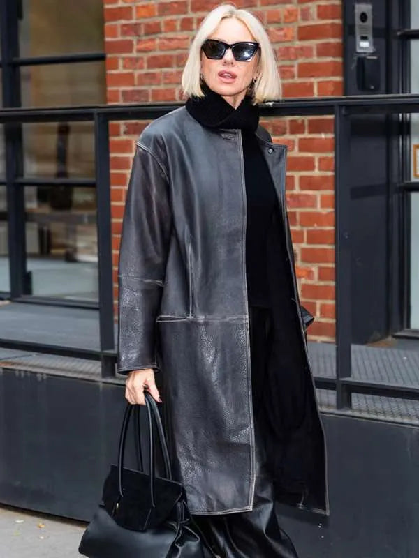Naomi Watts NYC 2025 Black Leather Coat
