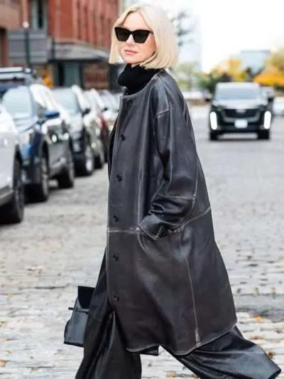 Naomi Watts NYC 2025 Black Leather Coat

