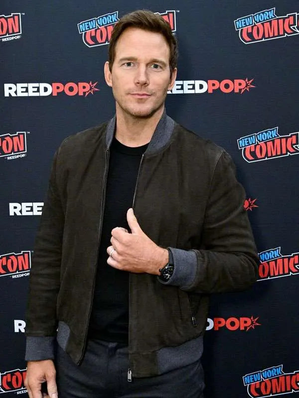 Chris Pratt New York Comic Con 2025 Suede Bomber Jacket
