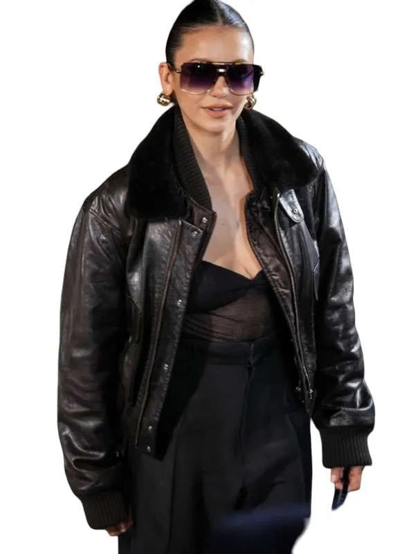 Nina Dobrev Paris Fashion Show 2026 Fur Leather Jacket
