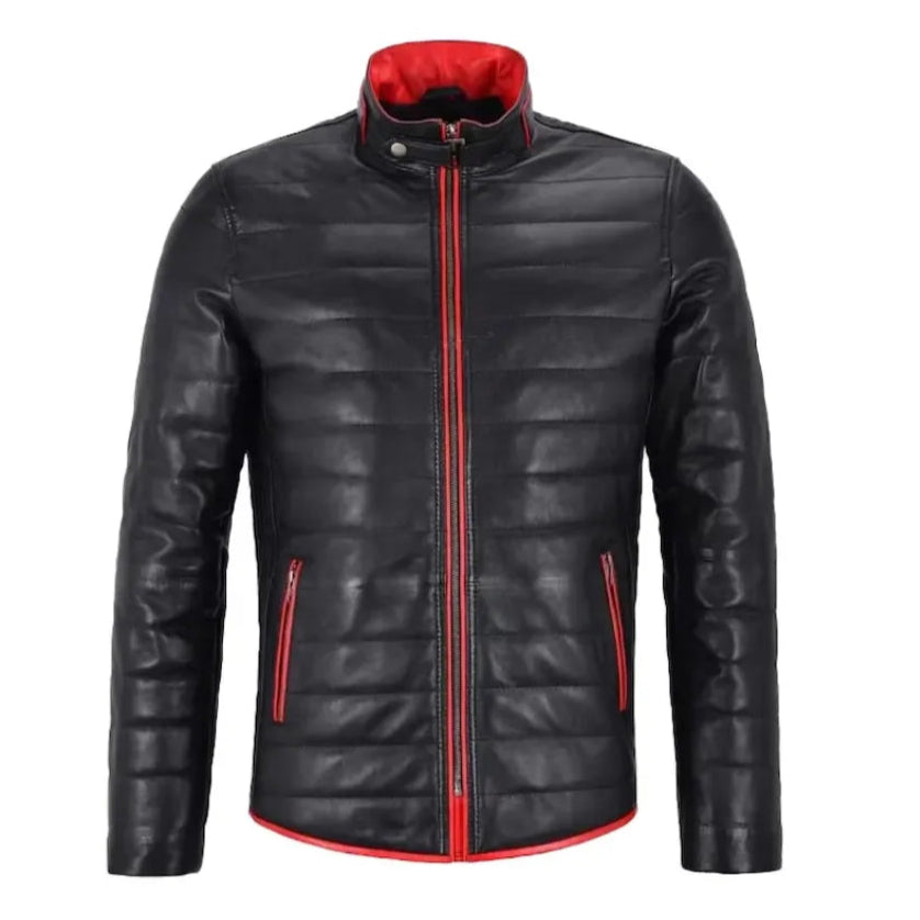 Norvay Black Puffer Red TRIMMINGS Leather Jacket