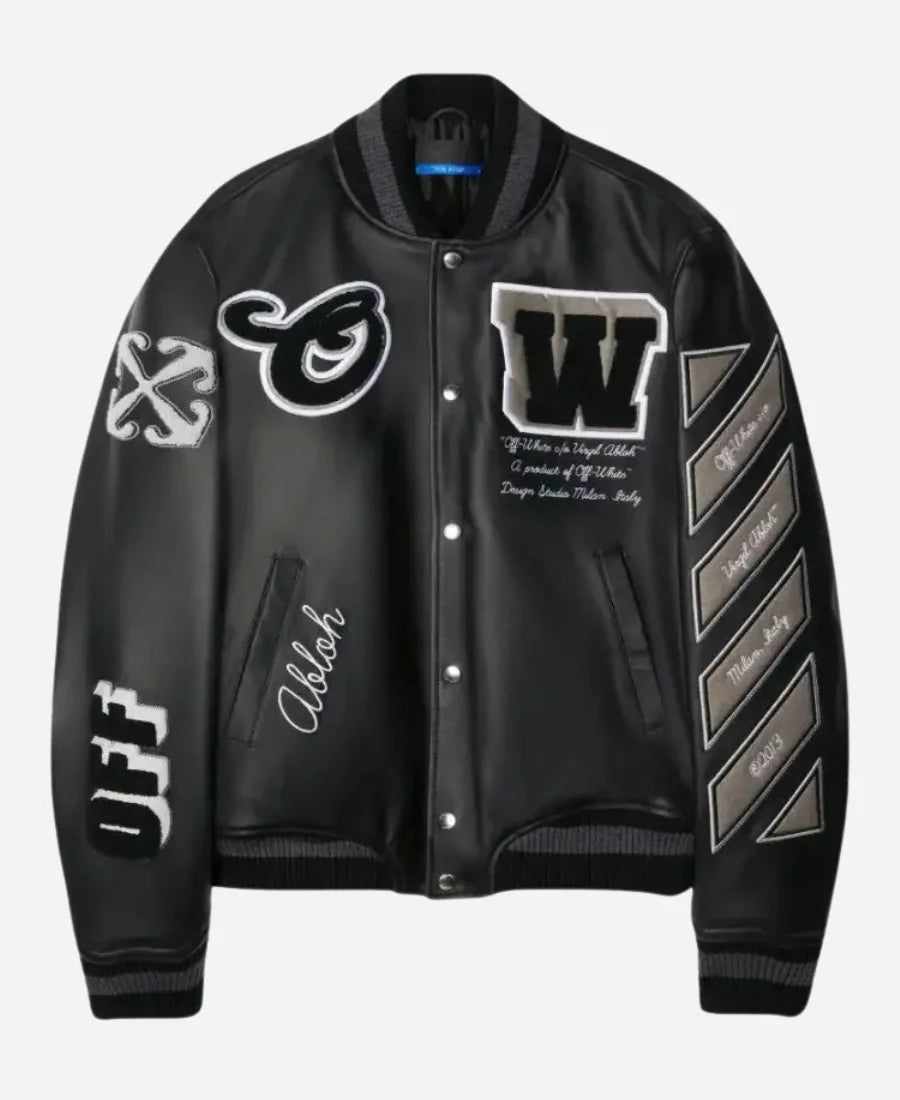 Off White Black Leather Varsity Jacket