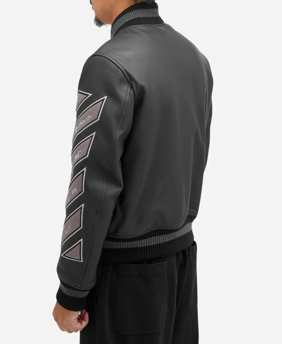 Off White Black Leather Varsity Jacket