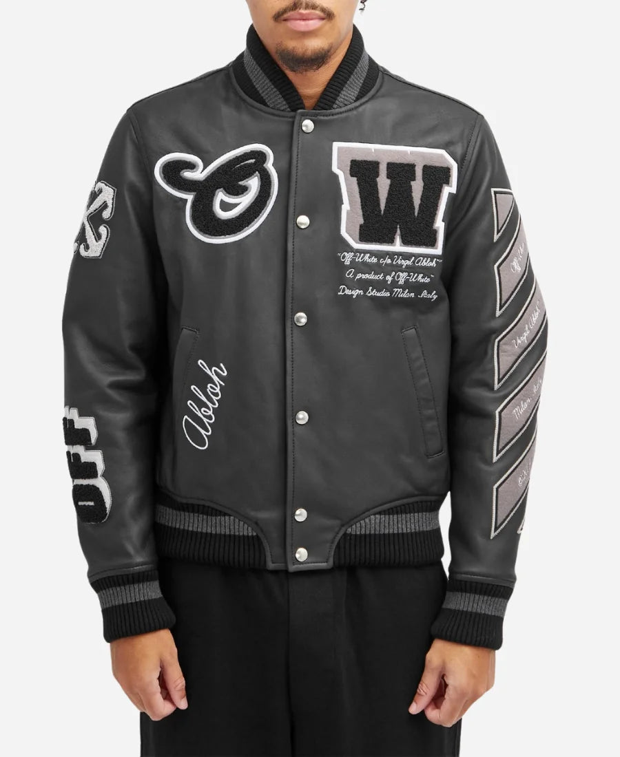Off White Black Leather Varsity Jacket