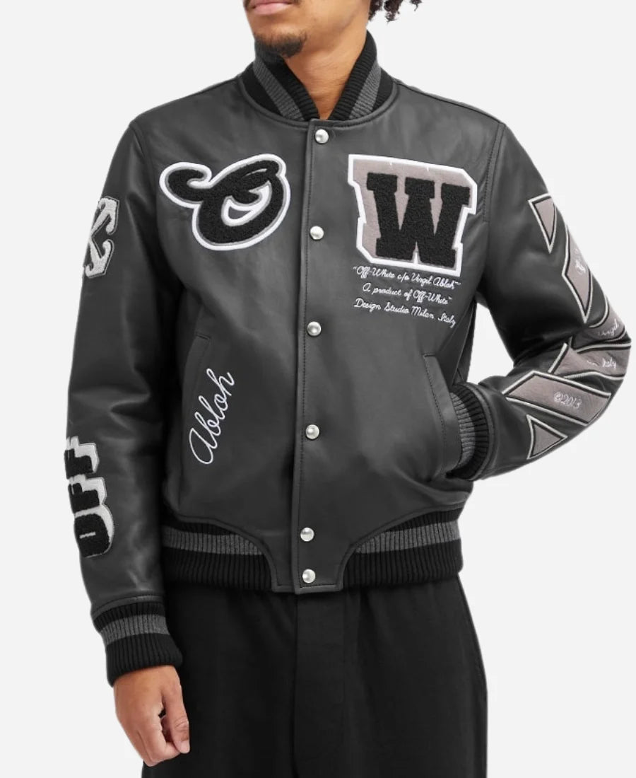 Off White Black Leather Varsity Jacket