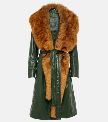 Faux fur-trimmed leather coat