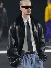 PFW 2026 Romeo Beckham Black Leather Jacket