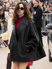 PFW 2026 Aubrey Plaza Black Leather Peacoat