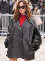 PFW 2026 Aubrey Plaza Black Leather Peacoat