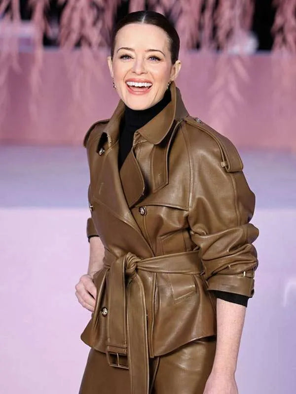 PFW 2026 Claire Foy Brown Leather Jacket