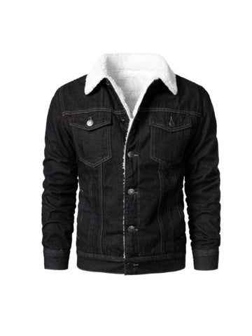 Black Denim Shearling Jacket | Pocket Style Jeans Jacket With Fur Collar