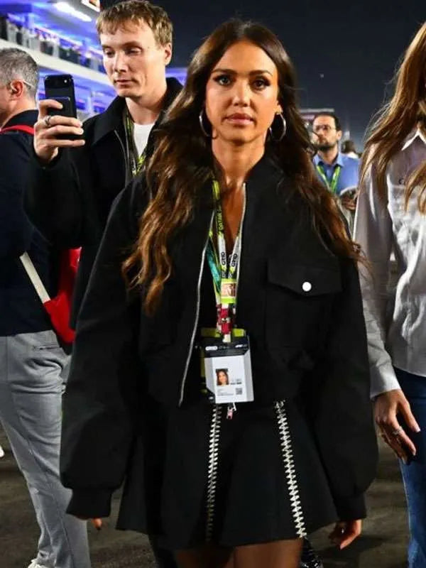 Jessica Alba F1 Qatar Grand Prix 2025 Black Bomber Jacket
