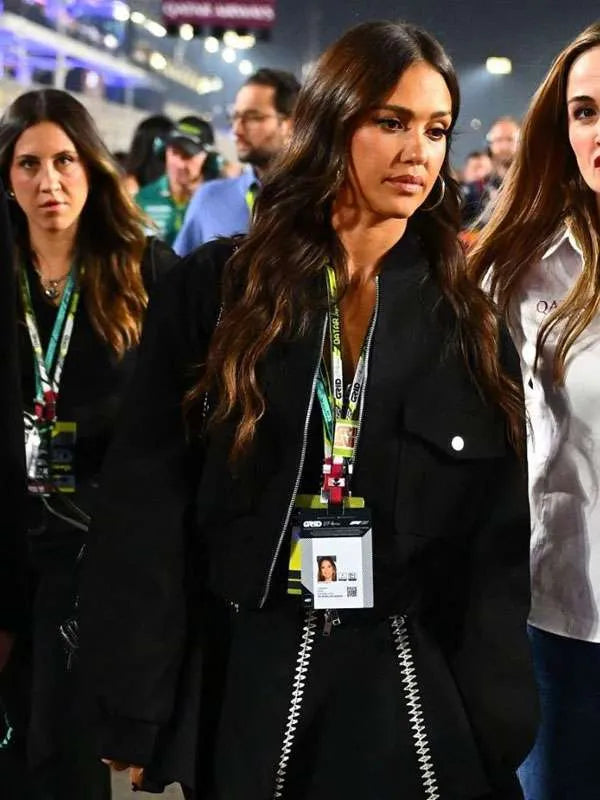 Jessica Alba F1 Qatar Grand Prix 2025 Black Bomber Jacket
