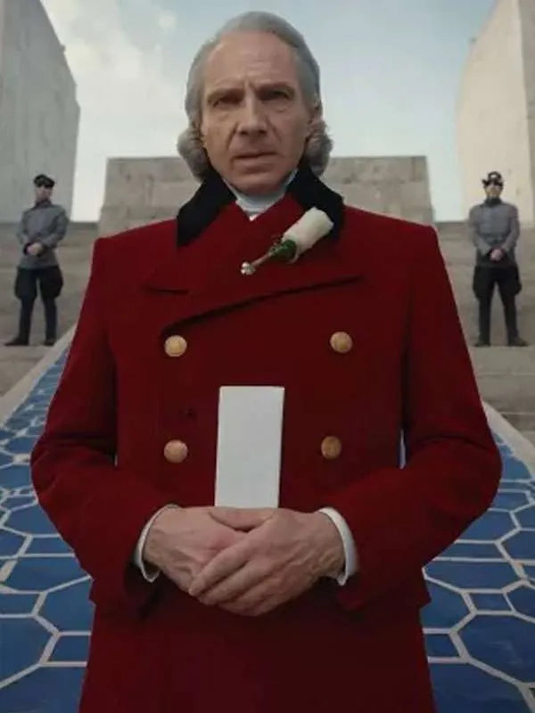 Sunrise on the Reaping 2026 Ralph Fiennes Red Wool Coat