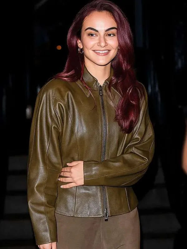 Camila Mendes SNL 2025 Olive Green Leather Jacket
