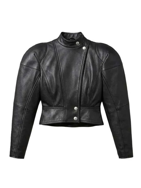 Sophie Thatcher 2026 Black Cropped Leather Jacket