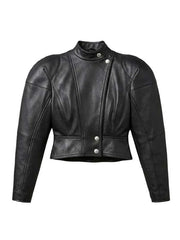 Sophie Thatcher 2026 Black Cropped Leather Jacket