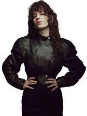Sophie Thatcher 2026 Black Cropped Leather Jacket