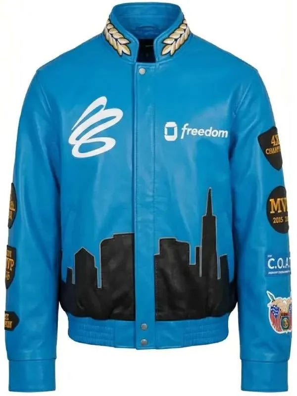 All Star Weekend Stephen Curry Blue Leather Jacket
