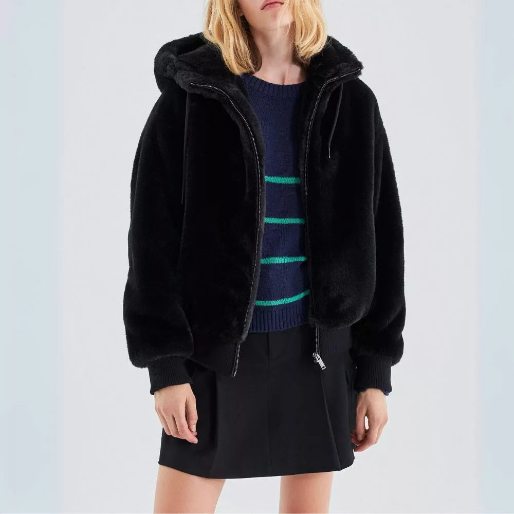 Black Faux Fur Hooded Jacket