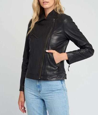 Lapel Collared Style Black Leather Jacket Women