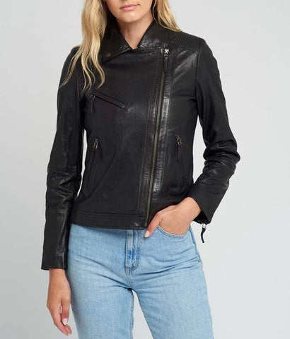 Lapel Collared Style Black Leather Jacket Women