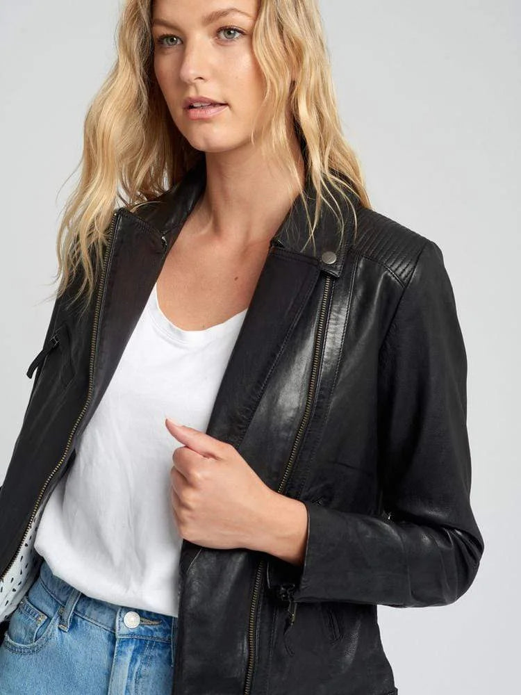 Lapel Collared Style Black Leather Jacket Women