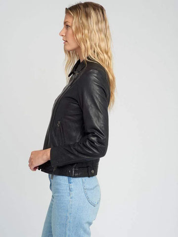 Lapel Collared Style Black Leather Jacket Women