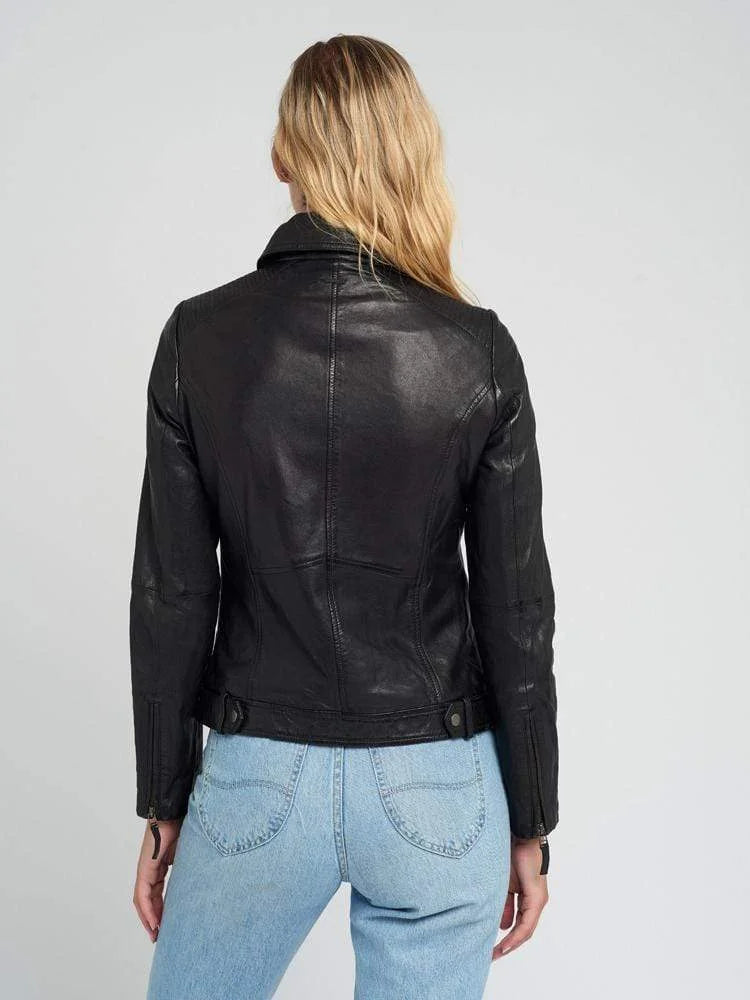 Lapel Collared Style Black Leather Jacket Women