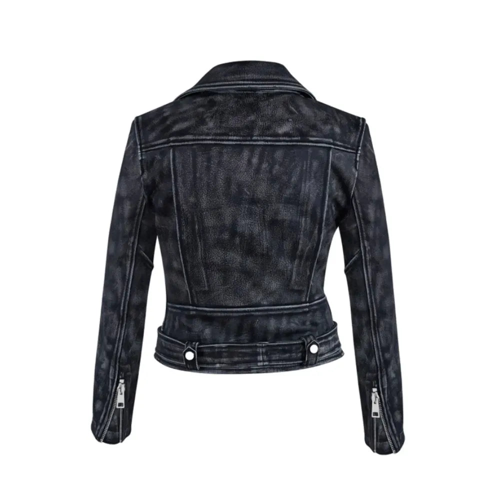 Vintage Distressed Black D Pockets Biker Leather Jacket