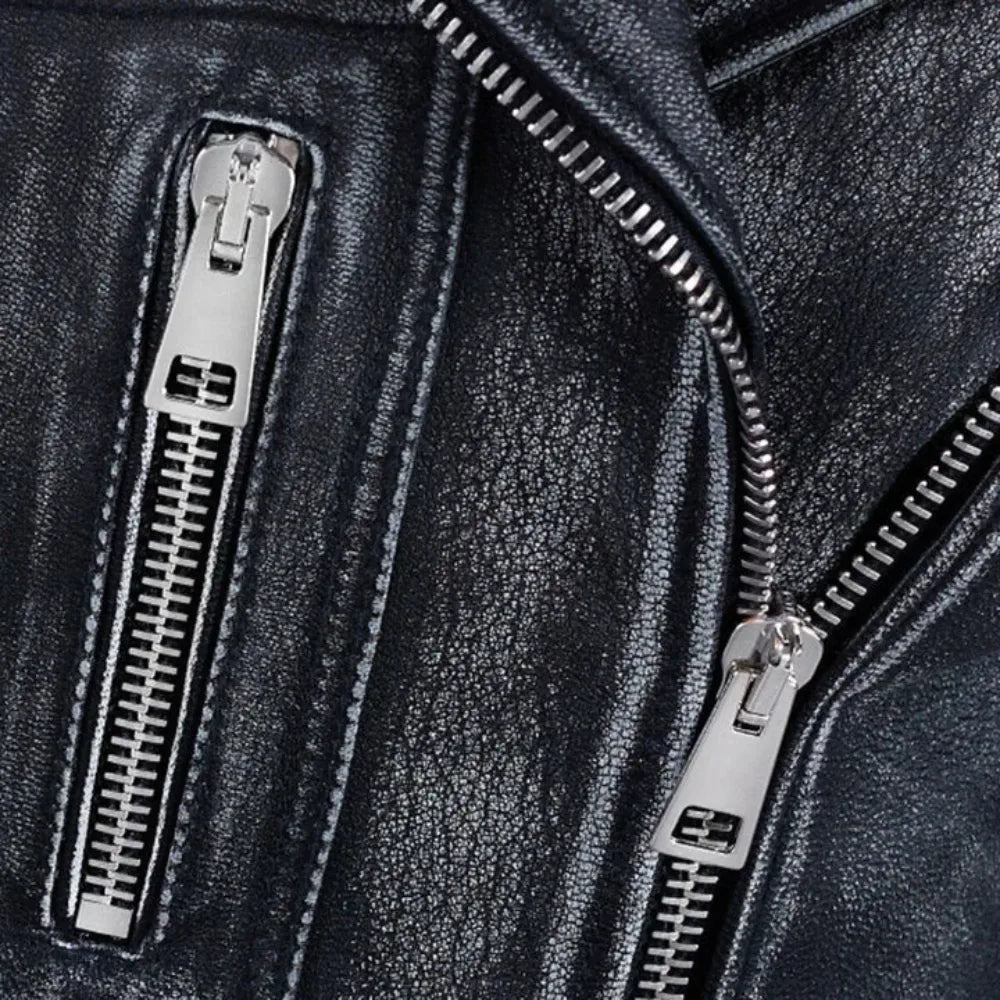 Vintage Distressed Black D Pockets Biker Leather Jacket