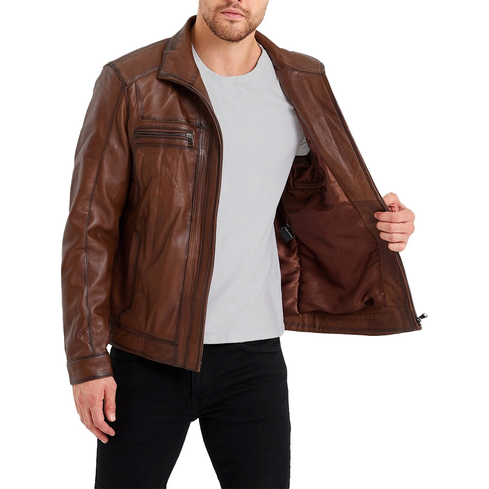 Bomber Brown Leather Jacket For Mens