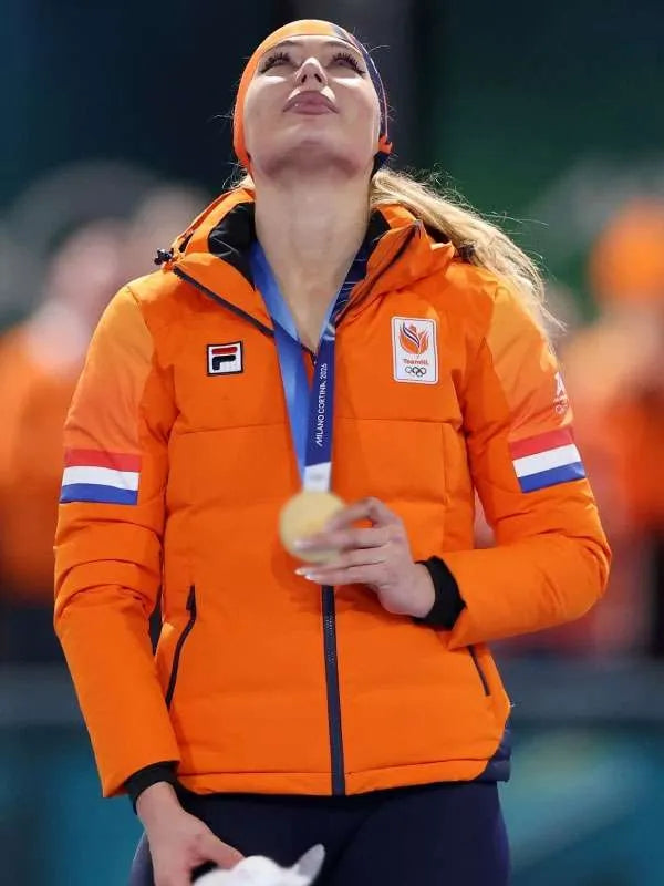 Jutta Leerdam Olympic 2026 Orange Puffer Jacket

