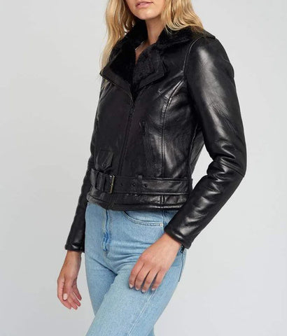 Black Shearling Jacket Womens With Fur Lining