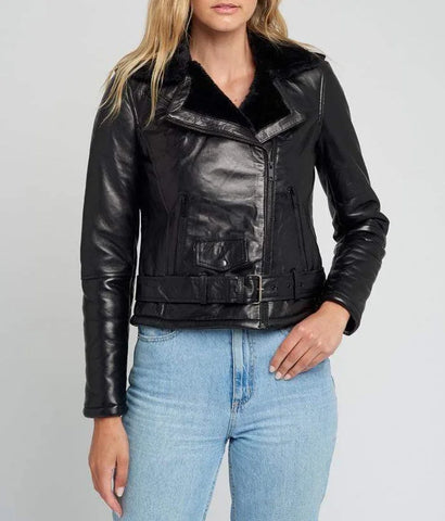 Black Shearling Jacket Womens With Fur Lining