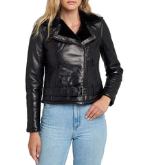 Black Shearling Jacket Womens With Fur Lining