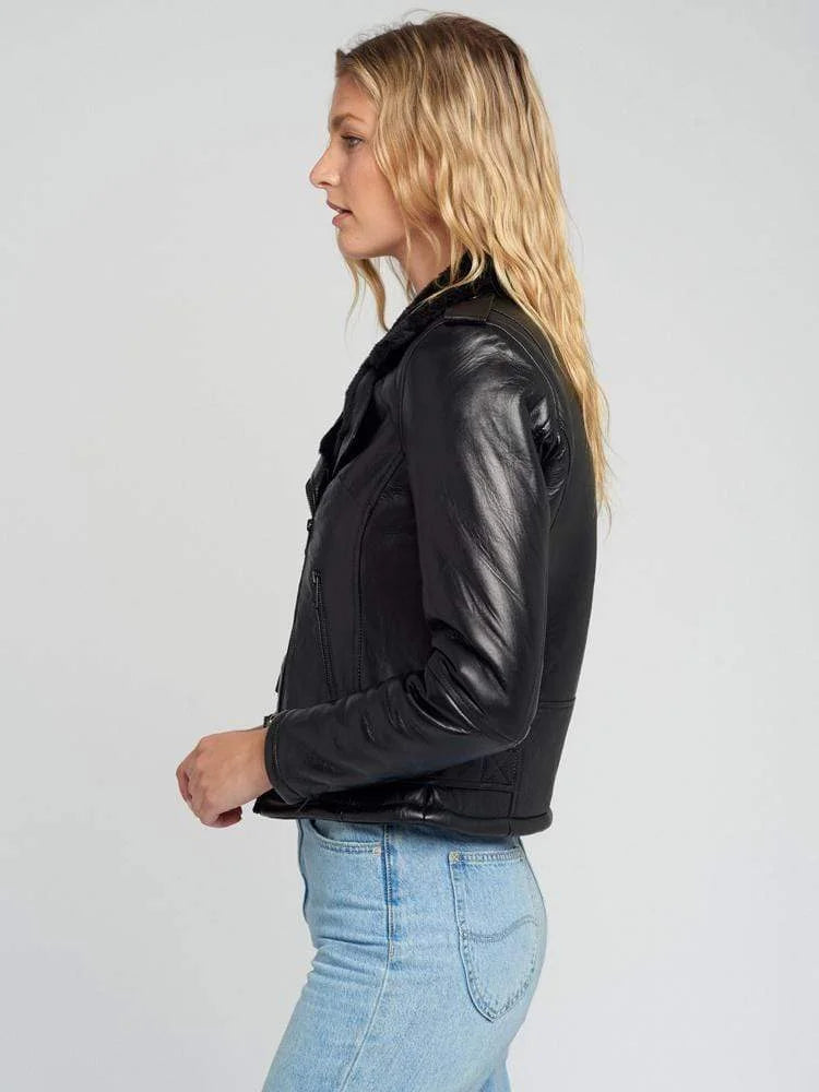 Black Shearling Jacket Womens With Fur Lining