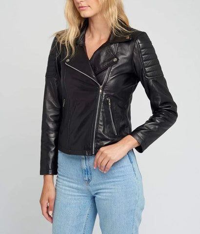 Vintage Black Leather Jacket for Women | Moto Hardware Jacket