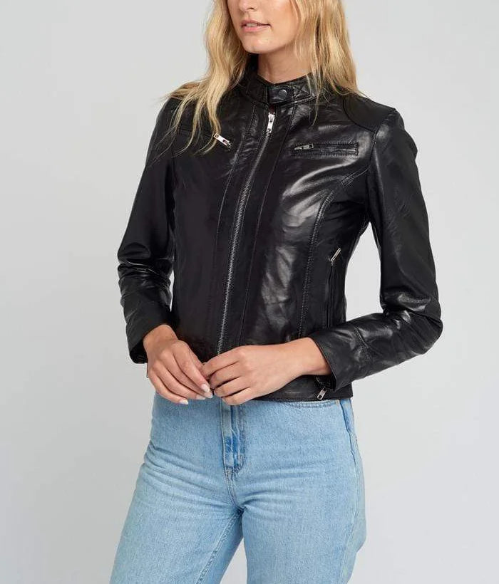 Black Leather Motorcycle Jacket for Women