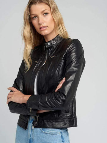 Black Leather Motorcycle Jacket for Women