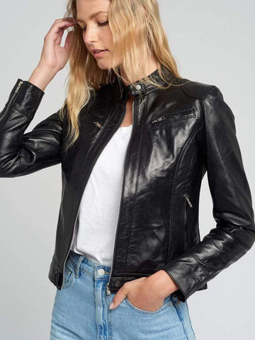 Black Leather Motorcycle Jacket for Women