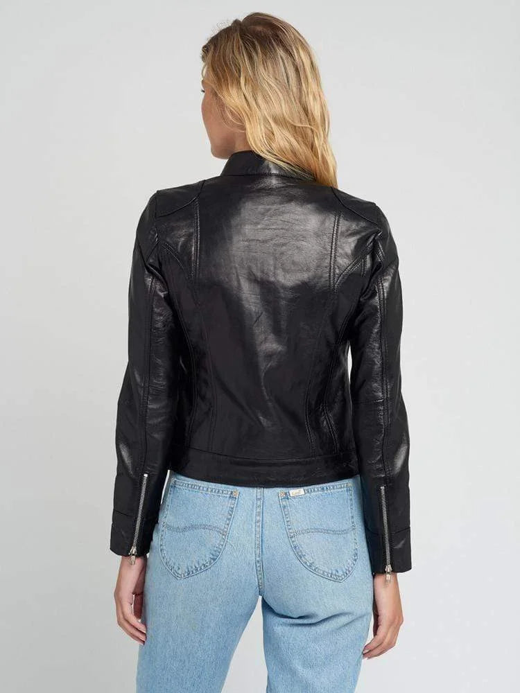 Black Leather Motorcycle Jacket for Women