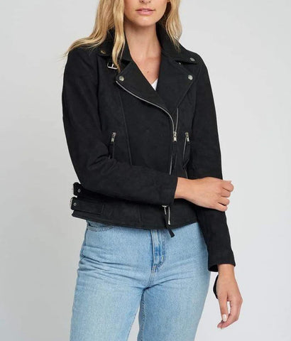 Casual Liza Black Suede Leather Jacket | Double Breasted Biker Jacket